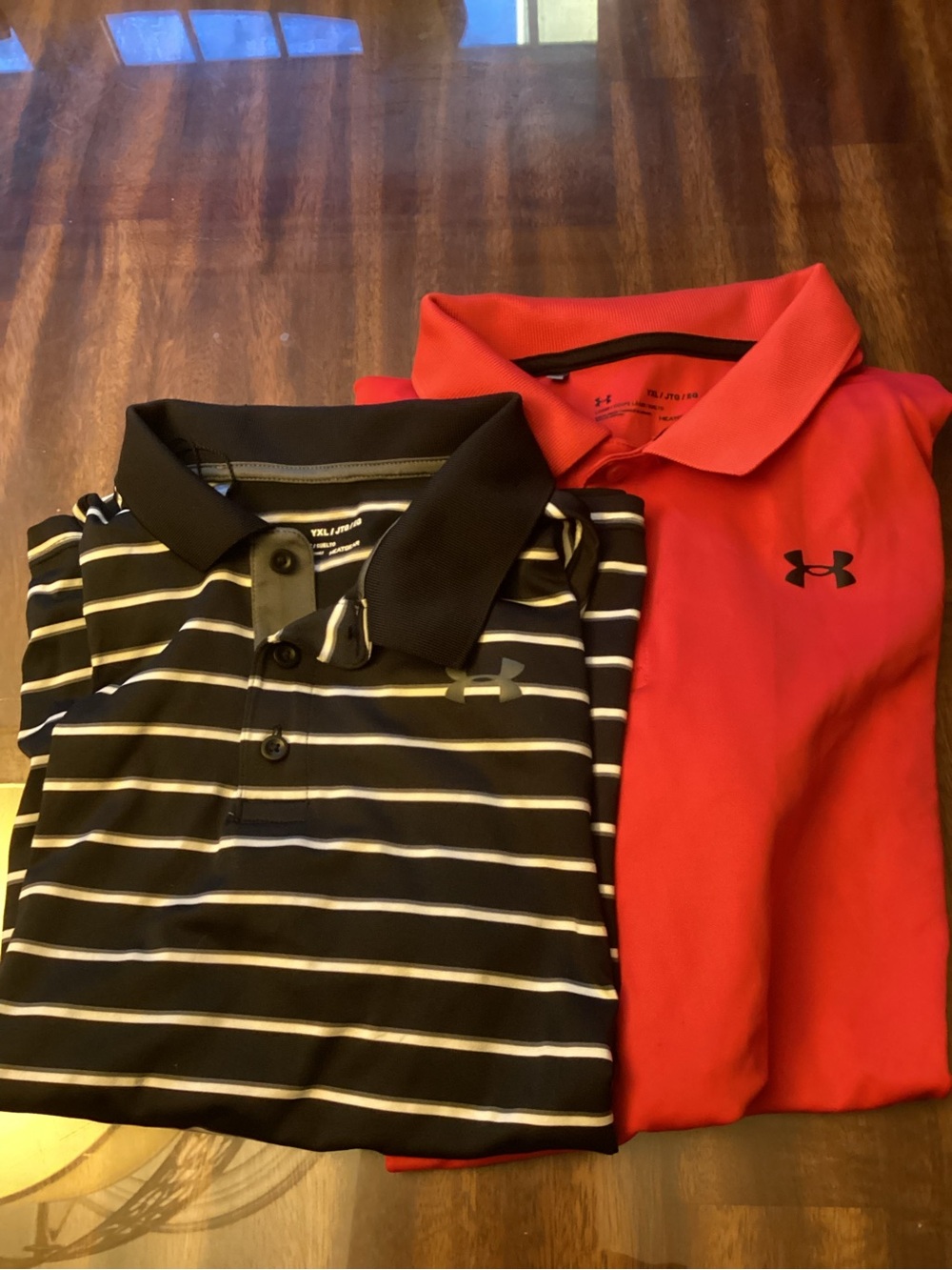 Under Armour Youth Polo Duo — Black/White Stripes + Red